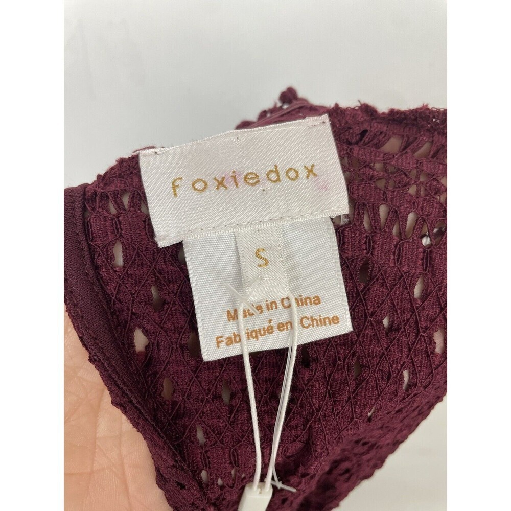 FOXIEDOX Burgundy Wine Lace Keyhole Back Stretch Ruffle Dress Women's Size S NEW - Picture 7 of 11